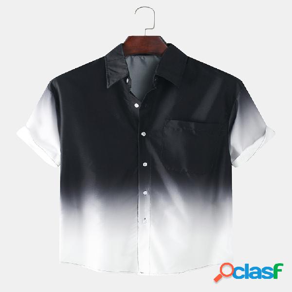 Mens Preto Branco Azul Cor Gradiente Impresso Casual Manga