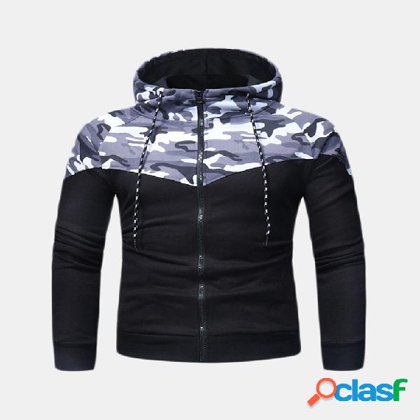 Mens Respirável Camo Patchwork Hoodies Algodão Com Cordão