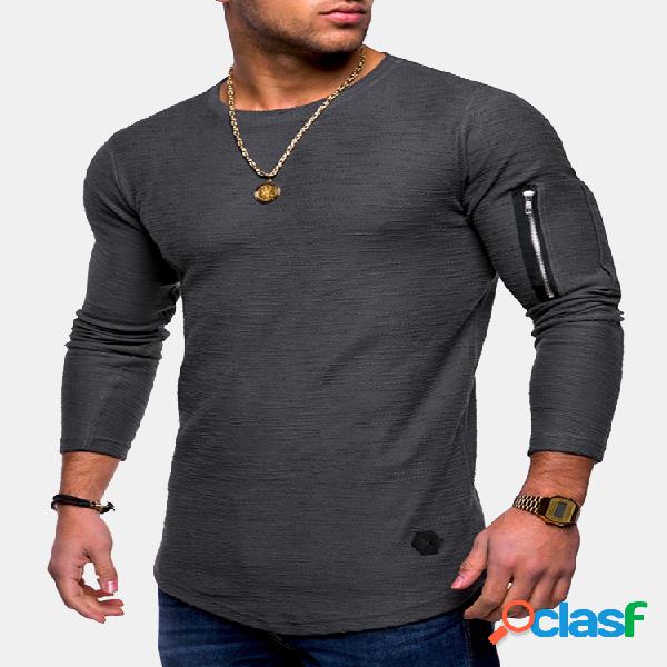 Mens Respirável Cor Sólida Irregular Hem Zipper O-pescoço