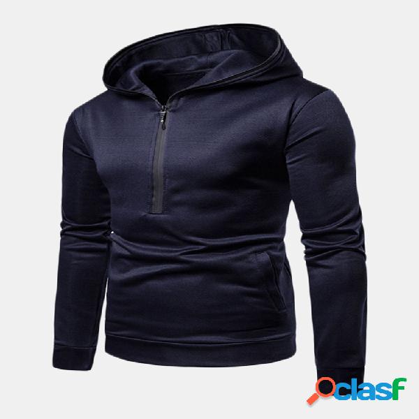 Mens Respirável Peito Zip Up Com Capuz Cor Sólida Casual