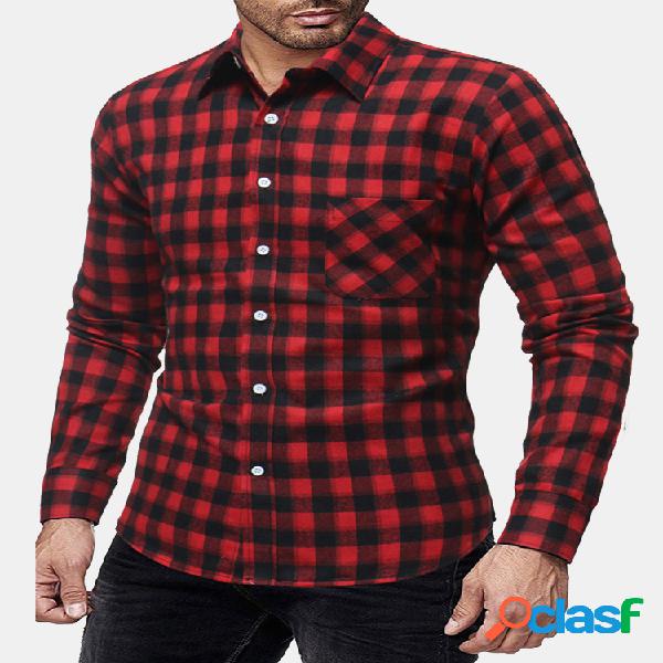 Mens Slim Fit Plaid Turn Down Collar Camisas de manga longa