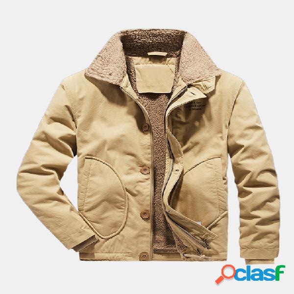 Mens Solid Color Side Pocket Plush Thicken Windproof Coats