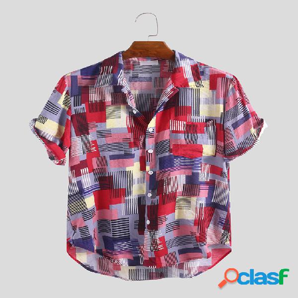 Mens Summer Abstract Printed Chest Pocket Turn Down Collar