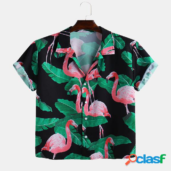 Mens Summer Flamingo Printed Turn Down Collar Camisas de