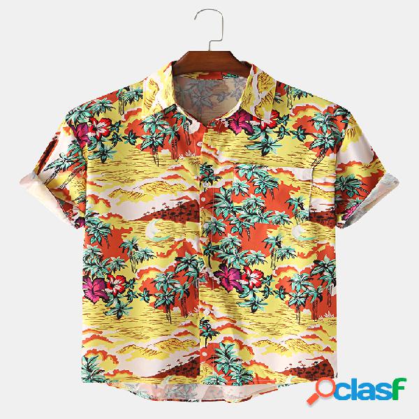 Mens Sunset Landscape Print Casual manga curta solta Camisa