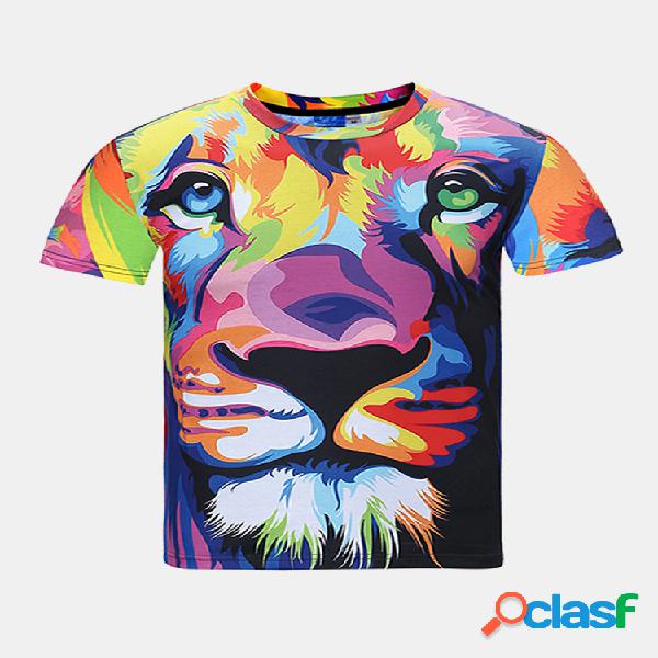 Mens Tee 3D Colorful Lion Impresso em torno do pescoço