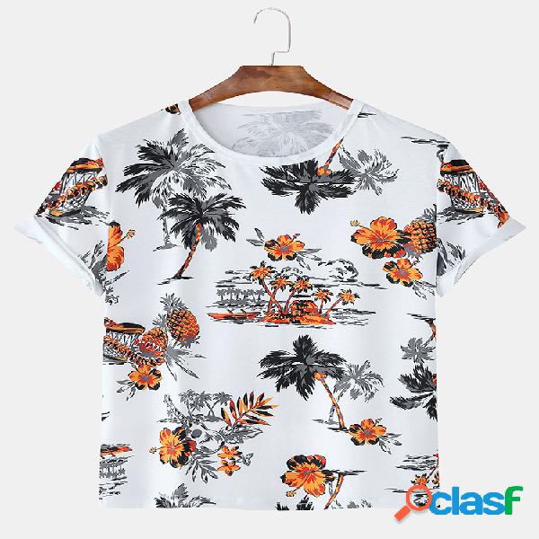 Mens Tropical Flower & Fruit Impresso manga curta Floral