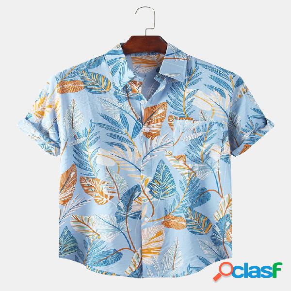 Mens Tropical Leaves Floral Impresso Holiday Casual manga