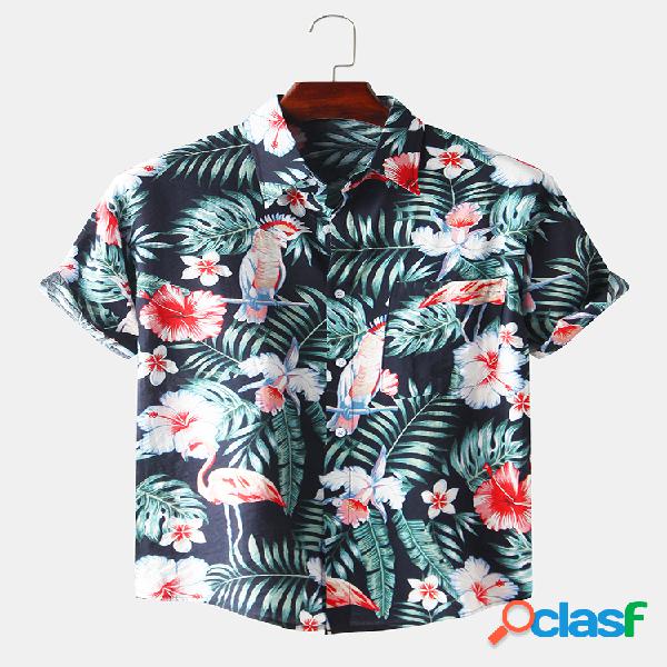 Mens Tropical Plants & Parrot Floral Impresso Férias Casual