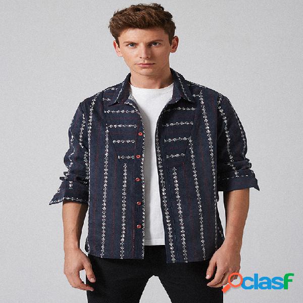 Mens Vintage Fashion Striped Printing Loose Long Sleeve