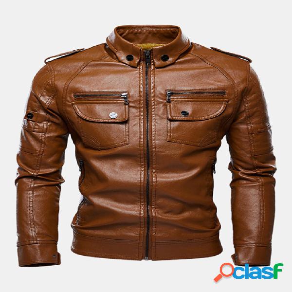 Mens Warm Soild Cool Cool Color Peito Pocket Zipper PU