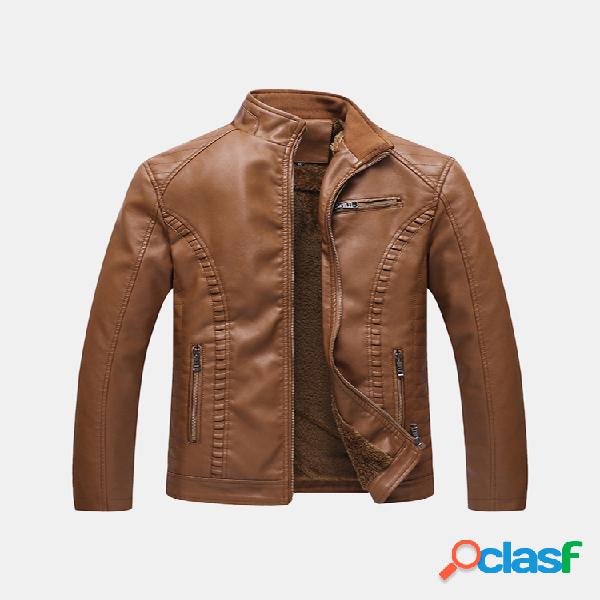 Mens Winter Thicken Forro de lã Zip Up Casual PU Leather