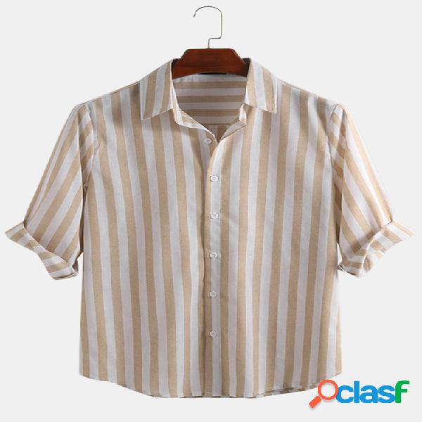 Mens algodão listrado vertical colarinho quadrado cortada