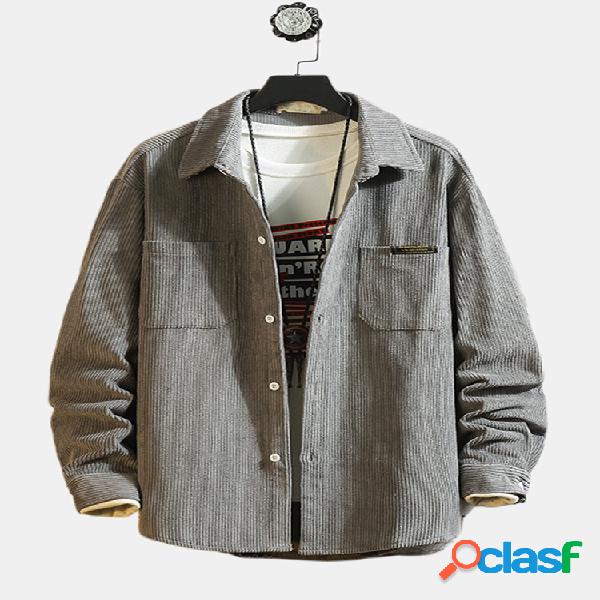 Mens algodão veludo cotelê cor sólida bolsos camisas de