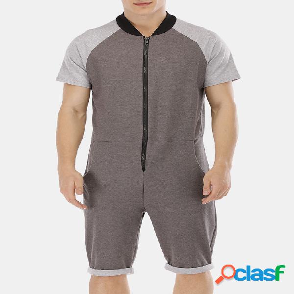 Mens cinza patchwork macacões manga curta gola pajam