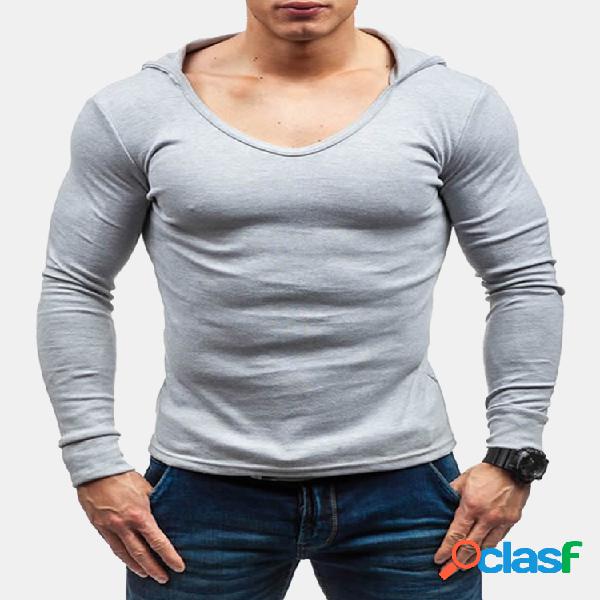 Mens com capuz cor sólida esporte casual algodão camisetas