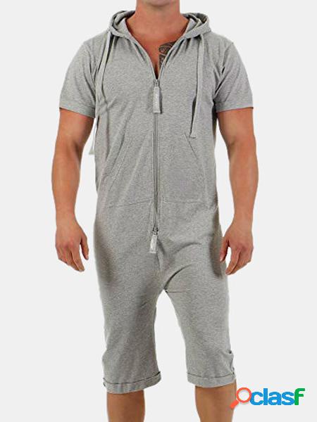 Mens com capuz de algodão liso pijama macacão zip