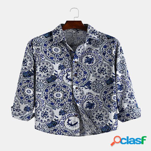 Mens estilo chinês impressão floral manga longa vintage