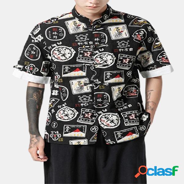 Mens estilo chinês manga curta gola redonda hem solto