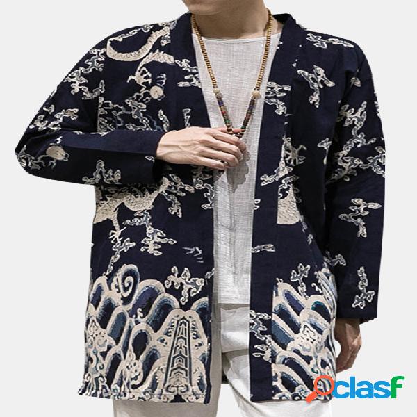 Mens estilo nacional quimono solto impressão Cardigans