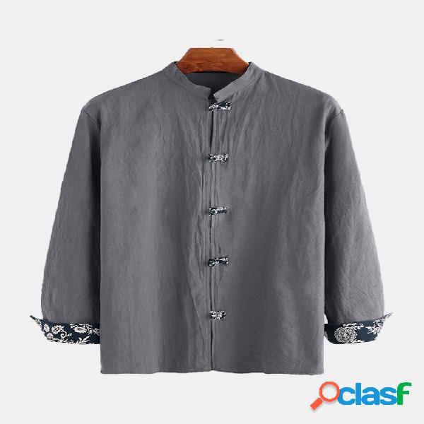 Mens estilo étnico chinês cor sólida camisas de manga
