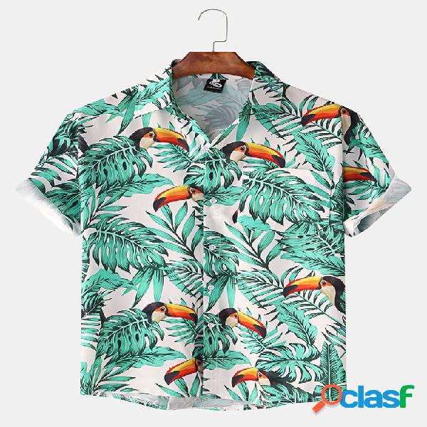 Mens havaiano tropical verde Planta & tucano impresso manga