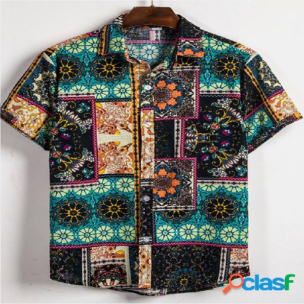 Mens impressão floral étnica manga curta casual Camisa