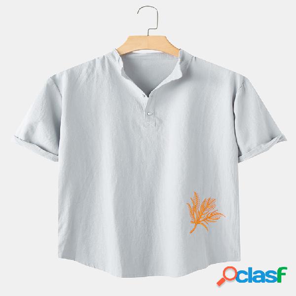 Mens linho liso cor sólida meio aberto Henley camisas