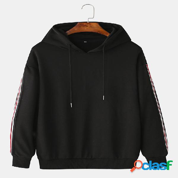 Mens liso cor sólida lado stipe hoodies com cordão