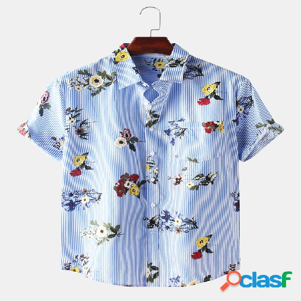 Mens listrado floral bolso impresso peito camisas de manga
