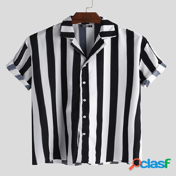 Mens listrado v pescoço botão baixo manga curta Camisa