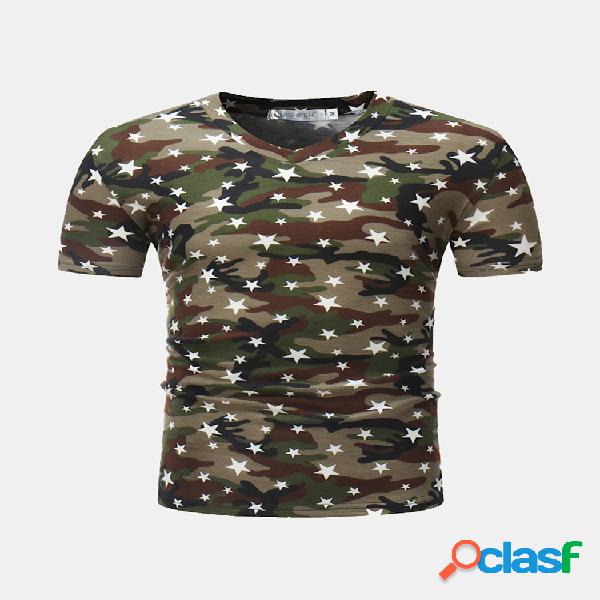 Mens verão algodão respirável estrela impressa camo manga