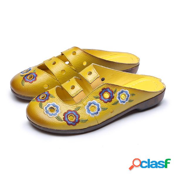 Mocassins planos retros de couro sem costas bordados