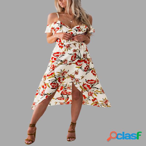 Moccasin Slit Hem Random Floral Print Midi Dress