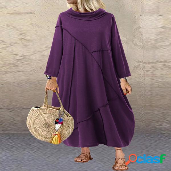 Mock Neck Patched Solid Plus Tamanho Casual Baggy Dress