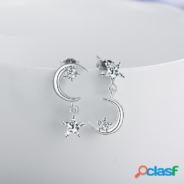 Moda Brincos De Prata Strass Assimétrica Lua Estrela