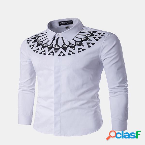 Moda Impressão Slim Fit Homens de manga comprida Branco