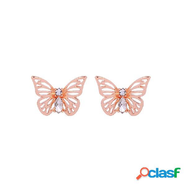 Moda Prata Rosa de Ouro Borboleta Oco Inseto Stud Brincos