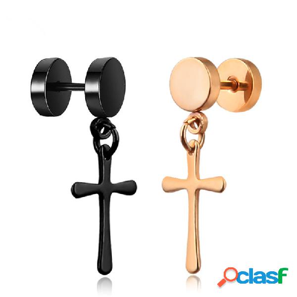 Moda masculina Dangle Brincos Cross Gold Black Titanium Aço