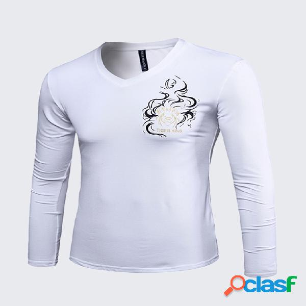 Moda masculina T-shirt impressa com decote em v manga