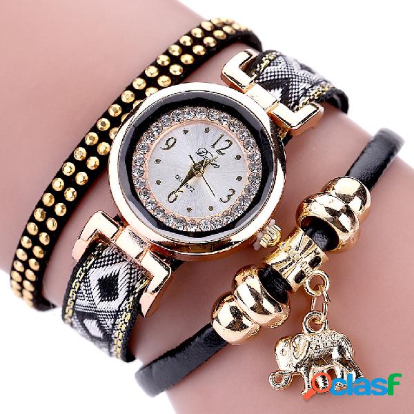 Moda quartzo relógio de pulso pulseira de couro multicamada