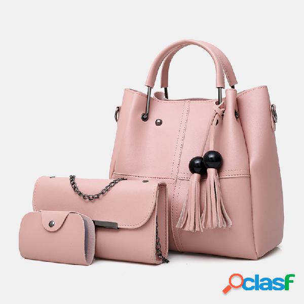 Mulheres 3Pcs Tassel Multi-function Handbag Crossbody Bolsa