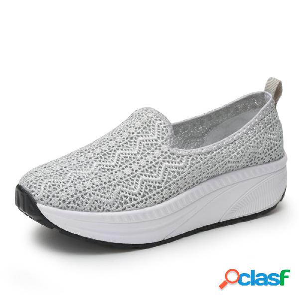 Mulheres Andando Respirável Lace Rocker Sole Slip On