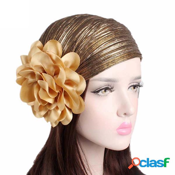 Mulheres Big Flower Bronzing Turban Cap Wrinkle Stretchy