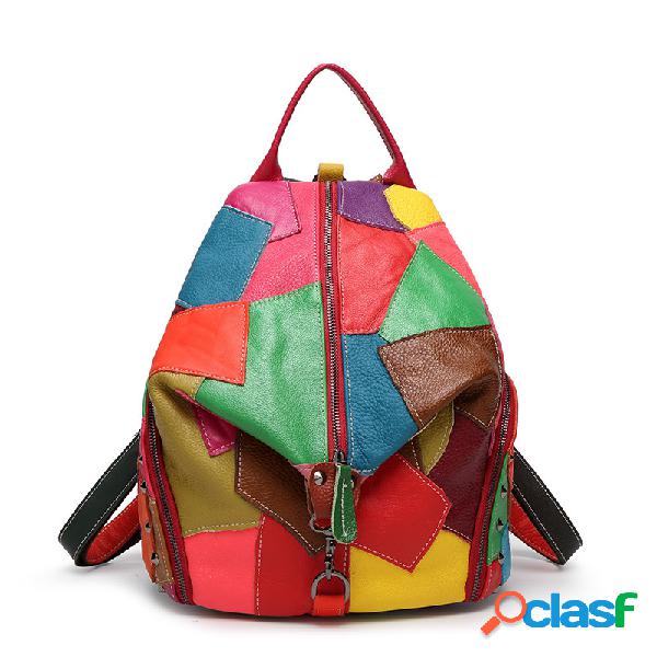 Mulheres Casual Patchwork Couro Genuíno Grande capacidade