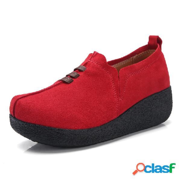 Mulheres Casual Soft camurça couro redondo Toe Slip On