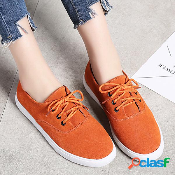 Mulheres Comfy Suede Solid Color Lace Up Flat Shoes