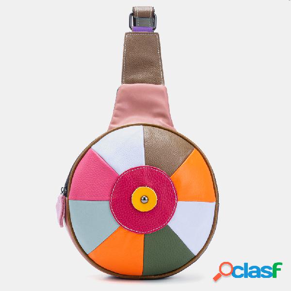 Mulheres Couro Genuíno Patchwork Crossbody Bolsa Peito