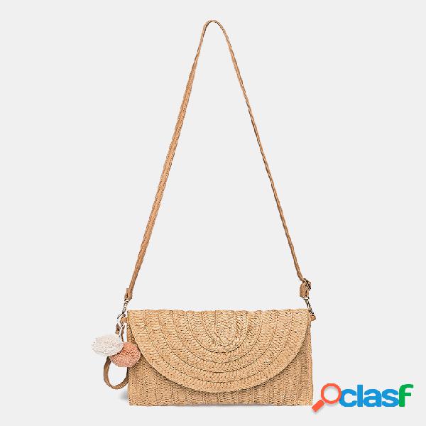 Mulheres Fluffy Ball Flap Crossbody Bolsa Palha Bolsa Ombro