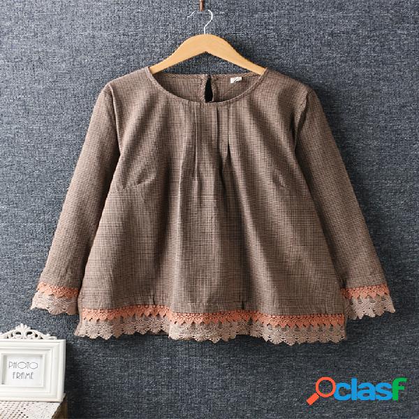 Mulheres Lace Patchwork Loose Hem Plaid Vintage Blusas